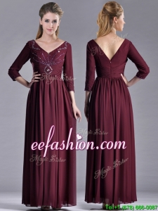 Latest Beaded V Neck Burgundy Mother Of The Bride Dress with Three Fourth Length Sleeves