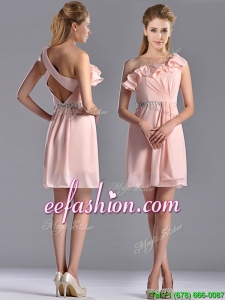 Latest Beaded and Ruffled Pink Bridesmaid Dress with Criss Cross