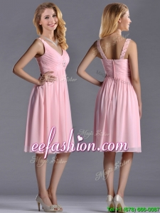 Lovely Empire V Neck Baby Pink Short Prom Dress with Beading