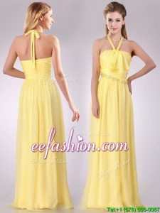 Lovely Halter Top Chiffon Ruched Long Bridesmaid Dress in Yellow