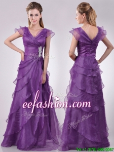 Low Price V Neck Eggplant Purple Best Mother Of The Bride Dress with Beading and Ruffles
