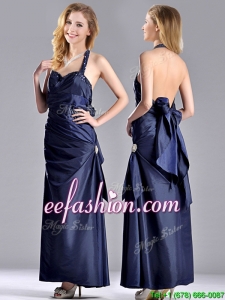 Luxurious Beaded Decorated Halter Top Prom Dress in Navy Blue