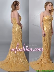 Luxurious Column Strapless Sequined Gold Prom Dress with Brush Train