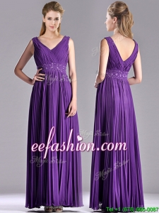 Luxurious V Neck Purple Mother Of The Bride Dress with Beading and Pleats