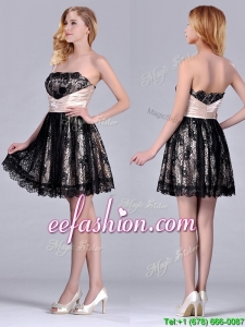Modern Strapless Black Short Prom Dress with Lace and Belt