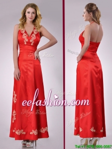 Modest Column Halter Top Backless Red Prom Dress with Appliques