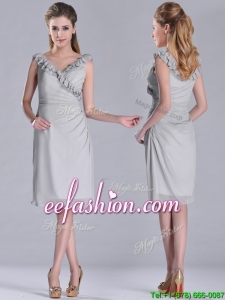Modest V Neck Grey Chiffon Short Prom Dress with Side Zipper
