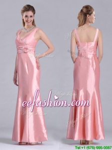Modest V Neck Hand Crafted Flower Peach Best Mother Of The Bride Dress in Ankle Length