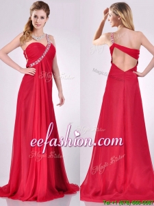 New Beaded Decorated One Shoulder Red Prom Dress with Brush Train