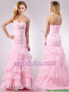 Popular Brush Train Organza Pink Prom Dress with Beading and Ruffles