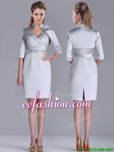 Popular Column Belted with Beading Silver Mother Of The Bride Dress with V Neck