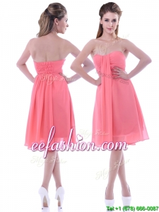 Popular Empire Chiffon Ruched Watermelon Prom Dress in Knee Length