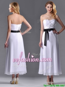 Popular Tea Length White Prom Dress with Appliques and Belt