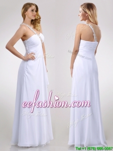 Sexy Empire Chiffon Beaded Side Zipper White Prom Dress with One Shoulder