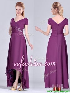 Short High-low Chiffon Dark Purple Short Sleeves Best Mother Of The Bride Dress with V Neck
