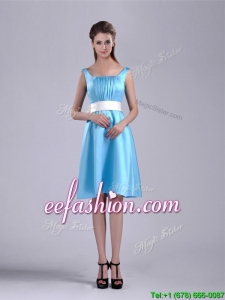 Simple Belted and Ruched Aqua Blue Prom Dress in Knee Length