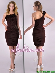 Simple Column One Shoulder Hand Crafted and Ruched Side Zipper Short Prom Dress in Brown