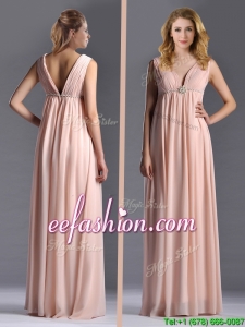 Simple Empire Chiffon Ruching Long Pink Prom Dress with V Neck