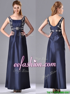 Simple Empire Square Taffeta Beading Long Mother Of The Bride Dress in Navy Blue