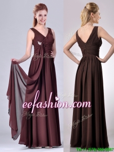 Simple Empire V Neck Chiffon Long Mother Of The Bride Dress in Brown