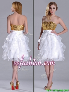 Classical Organza Sequined and Ruffled Prom Dress in White and Gold