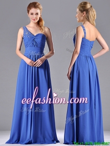 Column Chiffon Beading and Ruching Blue Prom Dress with One Shoulder