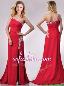 Sexy Beaded Decorated One Shoulder and High Slit Prom Dress with Brush Train