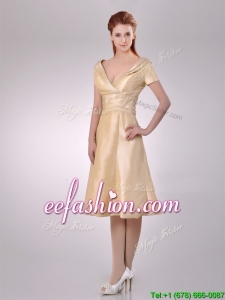 Sexy V Neck Champagne Tea Length Prom Dress with Short Sleeves