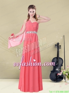 One Shoulder Beaded Long Prom Dress with Ruches