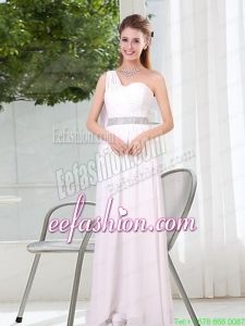 One Shoulder Empire Ruching Sequins White Prom Dresses