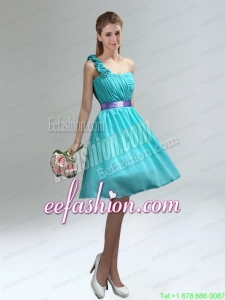 Unique One Shoulder Ruches Teal Prom Dresses with Belt