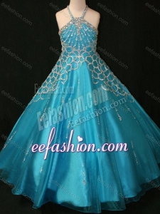 Beaded Decorated Halter Top and Bodice Teal Little Girl Quinceanera Dress with Criss Cross