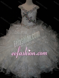 Big Puffy V-neck Ruffled Little Girl Pageant Dress with Spaghetti Straps and Sequins
