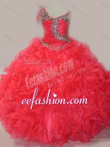 CoraL Red Ball Gown V Neck Organza Beading Little Girl Quinceanera Dress with Lace Up