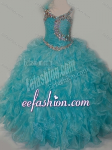 Elegant Ball Gown V Neck Organza Beading Aqua Blue Lace Up Cinderella Pageant Dress