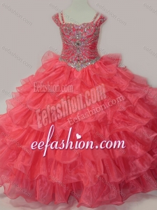 Perfect Sweetheart Beaded Cinderella Pageant Dress with Spaghetti Straps in Coral Red