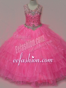 Pretty Rose Pink Little Girl Pageant Dress with Beading and Ruffled Layers