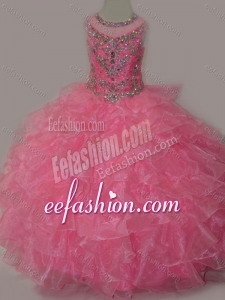 Rose Pink Ball Gown Scoop Beaded Bodice Lace Up Cinderella Pageant Dress