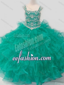 Top Selling Princess Straps Organza Turquoise Lace Up Little Girl Pageant Dress with Beading