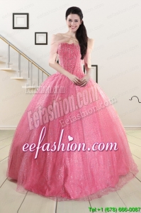 2015 Amazing Strapless Quinceanera Dresses in Rose Pink