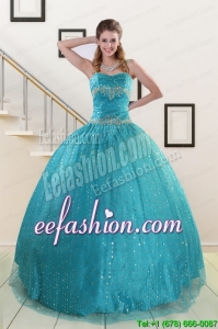Amazing Spaghetti Straps Appliques Sequins Turquoise Quinceanera Dresses for 2015