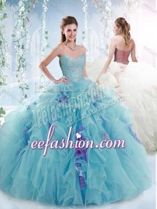 Aquamarine Puffy Skirt Detachable Quinceanera Dresses with Beading and Ruffles