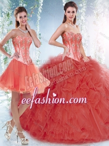 Beautifu Coral Red Detachable Sweet 16 Dresses with Beading and Ruffles