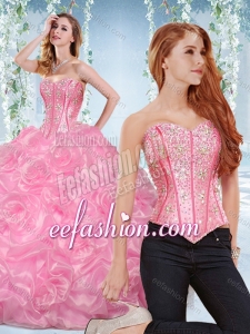 Discount Organza Rose Pink Detachable Quinceanera Gown with Beading and Bubbles