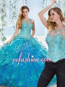 Elegant See Through Beaded and Ruffled Detachable Quinceanera Dress in Blue