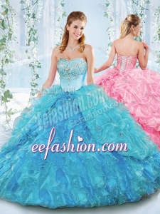 Latest Really Puffy Organza Lace Up Detachable Quinceanera Dress in Blue