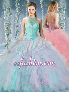 Lovely Beaded Decorated Halter Top Rainbown Quinceanera Dress in Organza