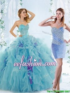 Low Price Aque Blue Detachable Quinceanera Gowns with Beading and Ruffles
