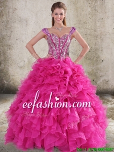 Perfect Ruffled and Beaded Bodice Straps Hot Pink Sweet 16 Dress