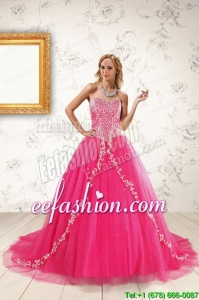 2015 Discount Hot Pink Quinceanera Dresses with Beading and Appliques